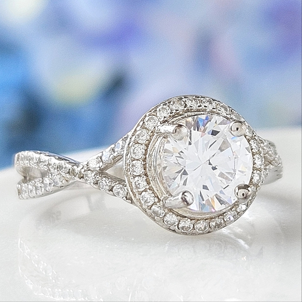 Classic Engagement Style Round Halo ring with twist band,  925 Sterling Silver